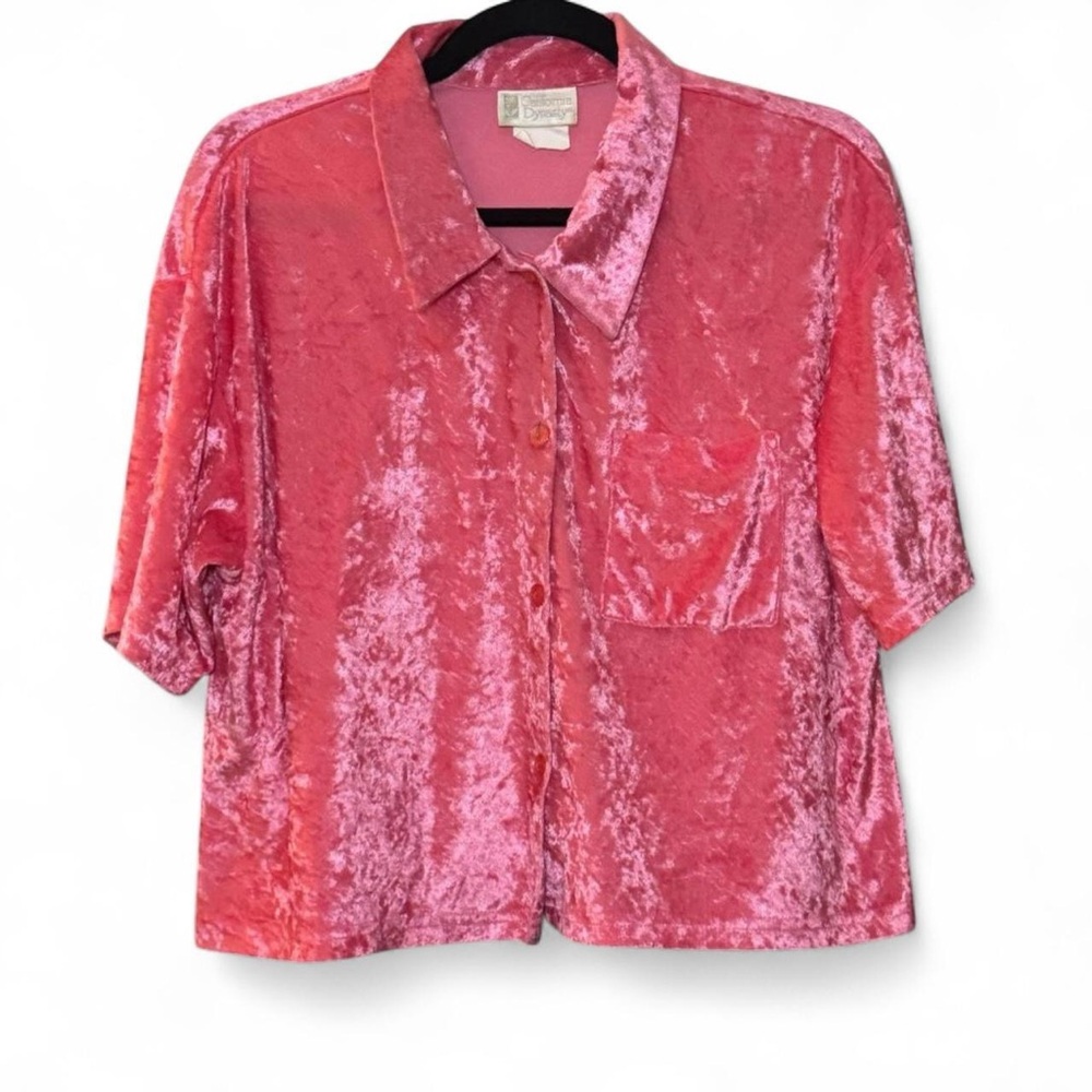 California Dynasty VTG 80s 90s Crushed Velour Hot Pink Button-Up Crop Top — L/XL